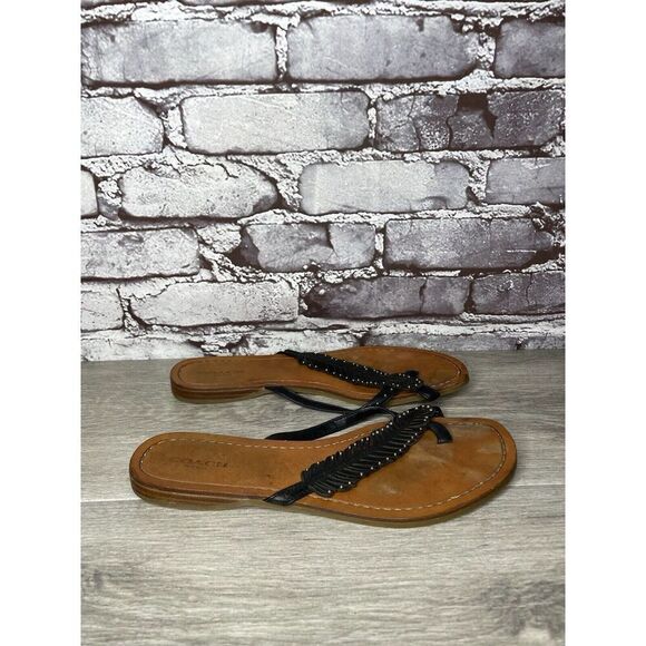 Coach New York DENI Black Leather Feather Thong Flat Sandals Women Sz 8B US/38EU - Picture 13 of 16